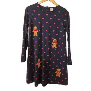 Hanna Andersson Girls 14 Gingerbread Heart Dress Navy 3D‎ Holiday Winter Cotton
